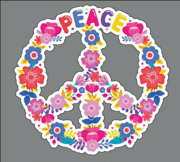Floral Peace Sign Car Sticker, Hippie Vinyl Decal with Flowers for Van Camper Motorhome Window