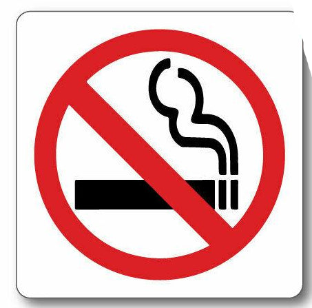 No smoking sign with a red circle and diagonal line over a cigarette illustration on a white background.
