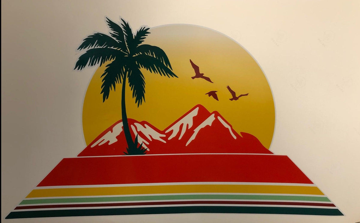 Retro Style decal with Palm tree and sunset for vehicle, motorhome, 4x4, caravan, truck - Mega Sticker Store