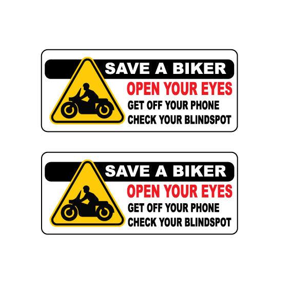 2 x Save a biker safety warning sticker for car bike truck motorcycle - Mega Sticker Store