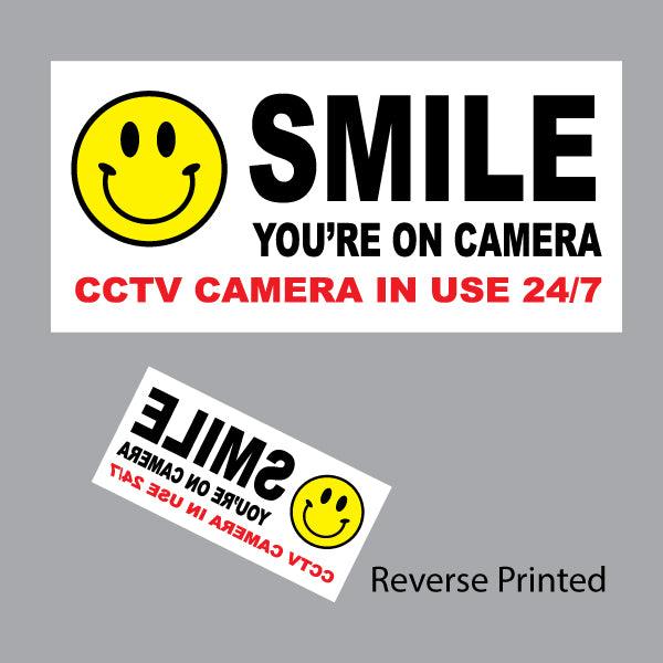 Smile you're on camera sticker decal for window, with smiley emoticon face - Mega Sticker Store